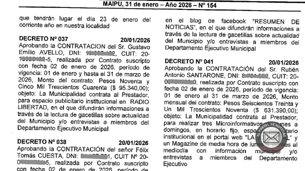 Maipú: pauta oficial con montos repetidos y medios en serie